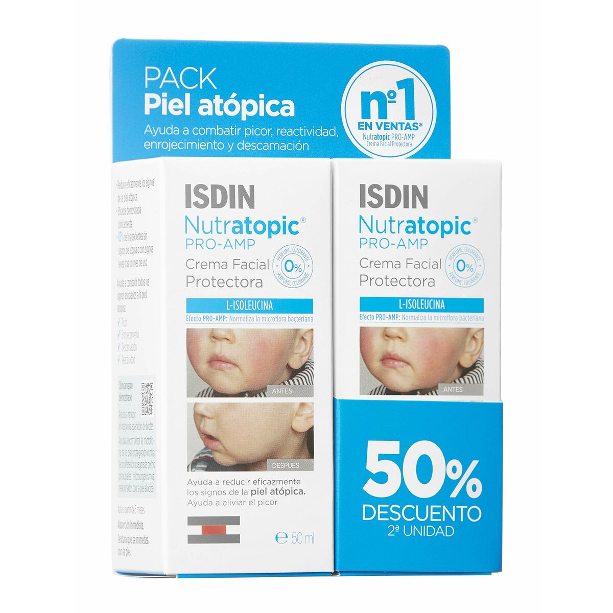 Crème Visage Isdin Nutratopic Pro-AMP Dermo-protectrice Peau atopique Enfant 2 x 50 ml-0