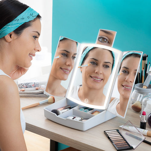 3-In-1 Folding LED Mirror with Make-up Organiser Panomir InnovaGoods-0