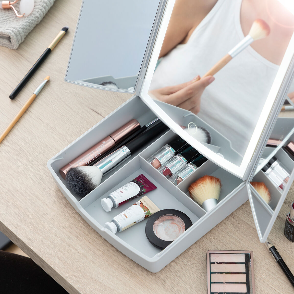3-In-1 Folding LED Mirror with Make-up Organiser Panomir InnovaGoods-15