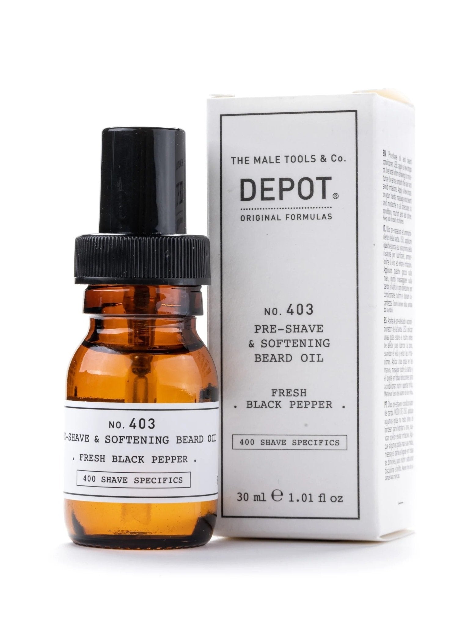 Depot, 400 Shave Specifics No. 403, Pepe nero fresco, Ammorbidimento, Olio pre-rasatura, 30 ml - Cosmova