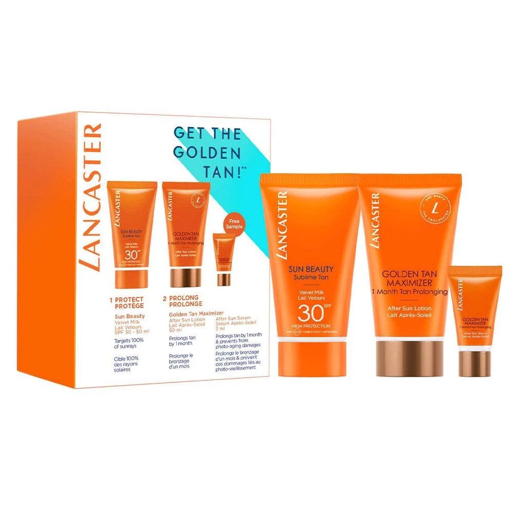 Get The Golden Tan! Set Lancaster: Golden Tan Maximizer, Buriti Oil, Anti-Wrinkle, After-Sun Serum, 3 ml + Golden Tan Maximizer, Hydrating & Soothing, After-Sun Lotion, 15 ml + Sun Beauty, UV Protection, Sunscreen Lotion, SPF 30, 15 ml - Cosmova