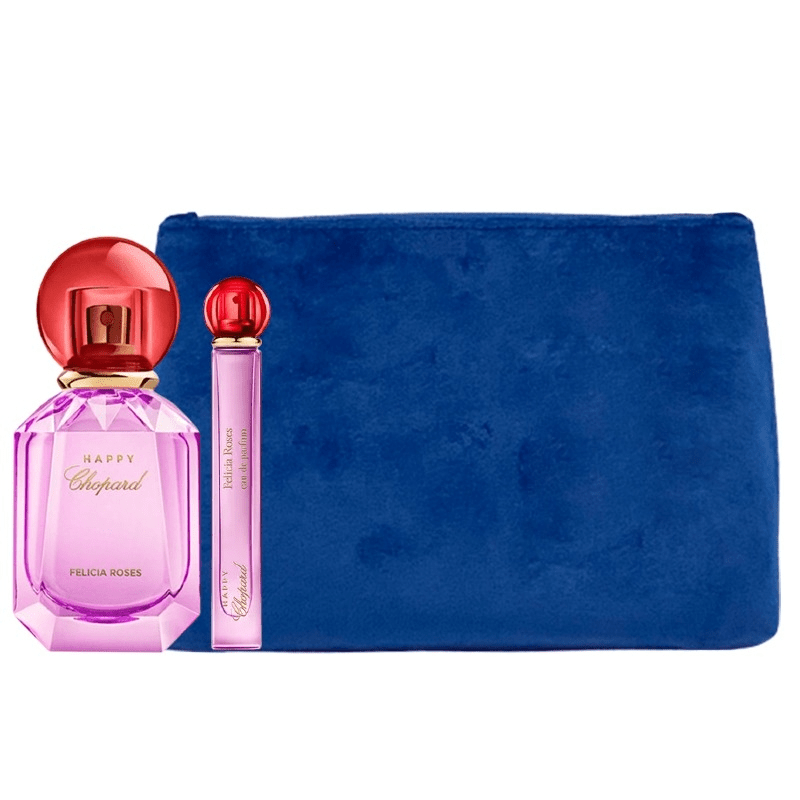 Luxury Naturals Perfumery Set Chopard: Happy Felicia Roses, Eau De Parfum, For Women, 100 ml + Happy Felicia Roses, Eau De Parfum, For Women, 10 ml + Chopard, Synthetic Leather, Textile Bag, Trouse Pouche, Blue, For Women, 2.4 x 9 x 6.2 cm - Cosmova