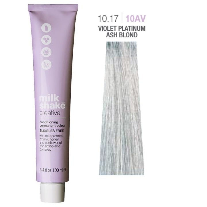 Milk Shake, Creative, Senza SLS/SLES, Tinta per capelli permanente, 10.1710AV Violet Platinum Ash Blond, 100 ml - Cosmova