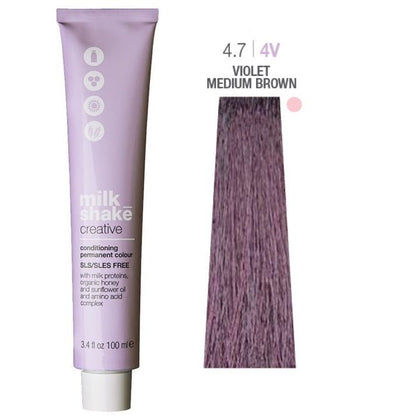 Milk Shake, Creative, Senza SLS/SLES, Tinta per capelli permanente, 4.74V Violet Medium Brown, 100 ml