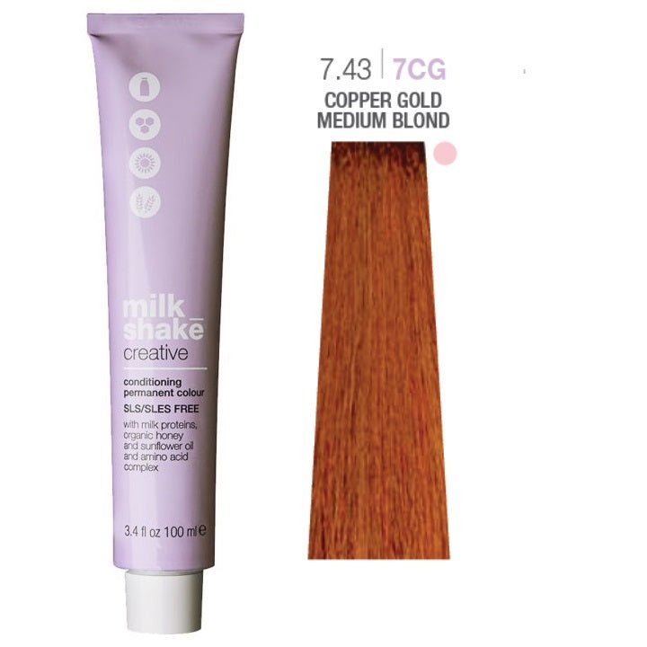 Milk Shake, Creative, Senza SLS/SLES, Tinta per capelli permanente, 7.437CG Medium Copper Golden Blond, 100 ml - Cosmova