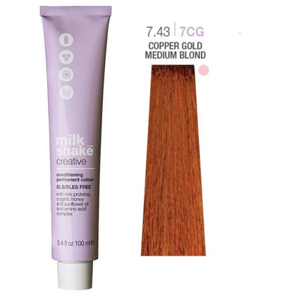 Milk Shake, Creative, Senza SLS/SLES, Tinta per capelli permanente, 7.437CG Medium Copper Golden Blond, 100 ml