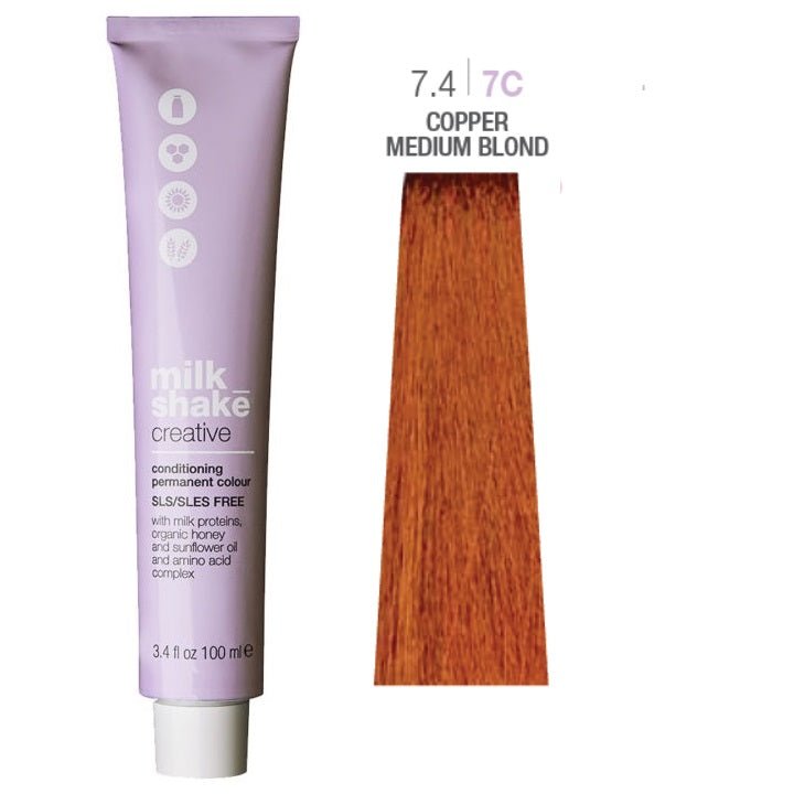 Milk Shake, Creative, Senza SLS/SLES, Tinta per capelli permanente, 7.47C Copper Medium Blond, 100 ml - Cosmova