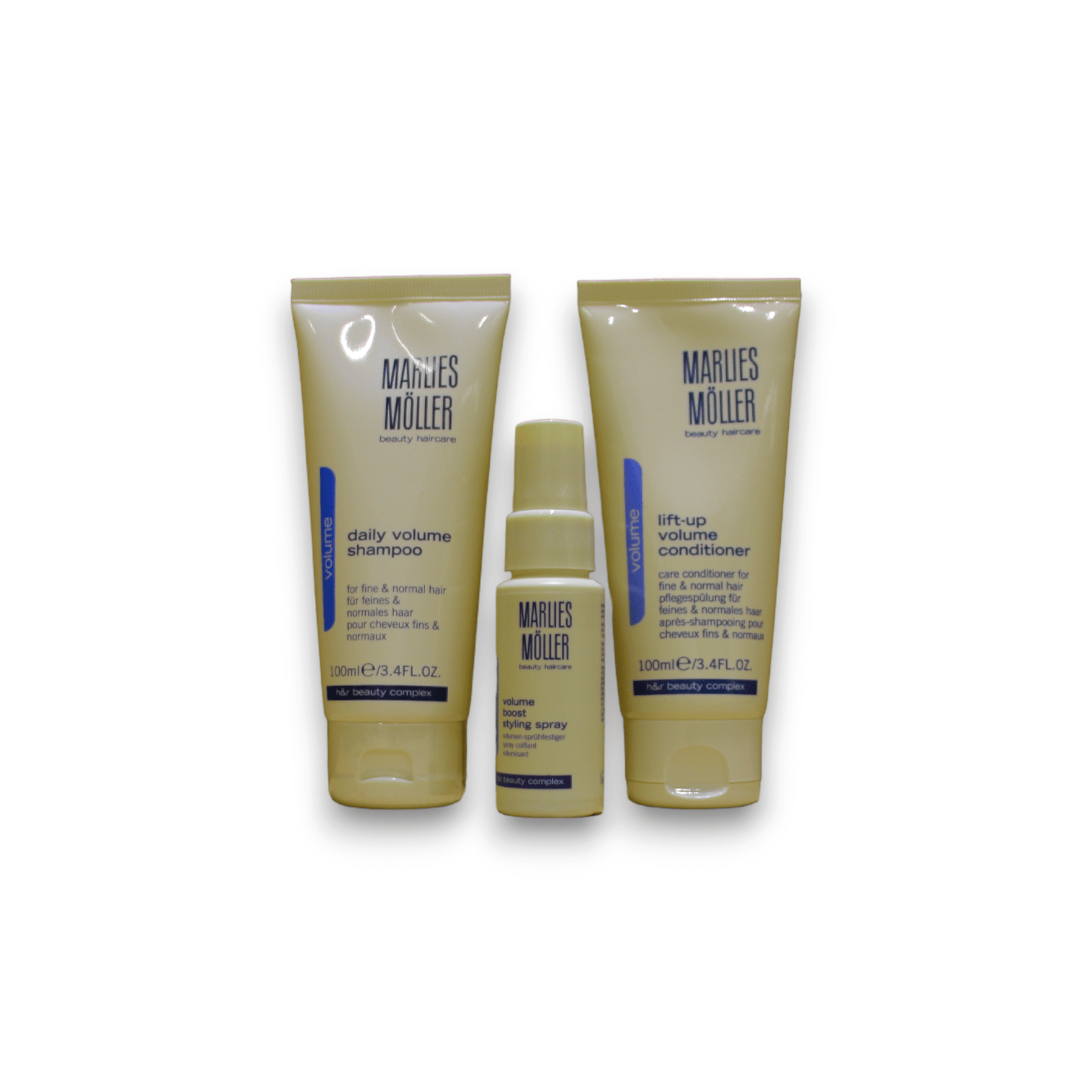 Perfect Volume Set Marlies Moller: Daily Volume, Hair Shampoo, 100 ml + Lift-Up, Hair Conditioner, For Volume, 100 ml + Volume, Hair Spray, For Styling, 30 ml - Cosmova