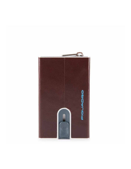 Piquadro, Blue Square, Porta carte in pelle, Sistema scorrevole quadrato con tasca portamonete con zip, PP5359B2R-MO, Mogano, Per uomini