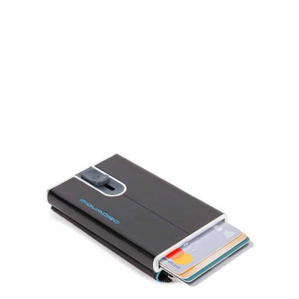 Piquadro, Blue Square, Porta carte in pelle, Sistema scorrevole quadrato con tasca portamonete con zip, PP5359B2R-N, Nero, Per uomini