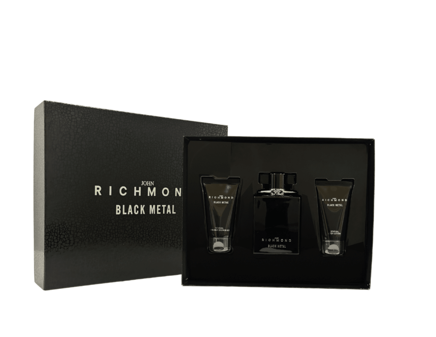 Set John Richmond: Black Metal, Natural, Cleansing, Shower Gel, 50 ml + Black Metal, Body Lotion, 50 ml + Black Metal, Eau De Parfum, For Men, 100 ml - Cosmova