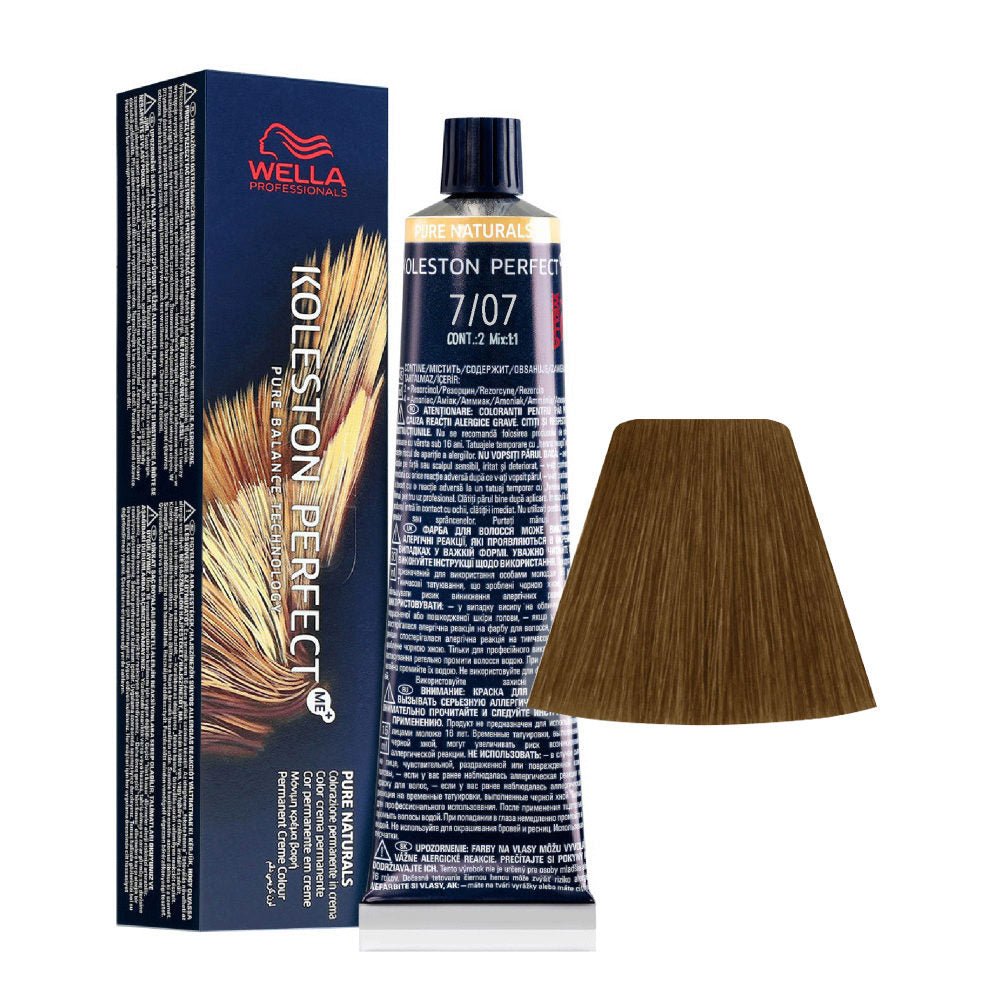 Wella Professionals, Koleston Perfect Me+, Tinta per capelli permanente, 7/07 Medium Blonde Natural Chestnut, 60 ml - Cosmova