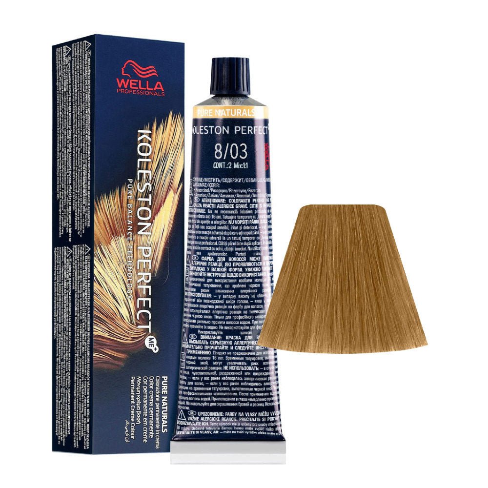 Wella Professionals, Koleston Perfect Me+, Tinta per capelli permanente, 8/03 Light Blond Natural Golden, 60 ml - Cosmova