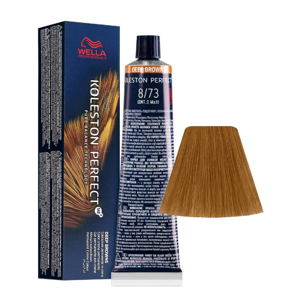 Wella Professionals, Koleston Perfect Me+, Tinta per capelli permanente, 8/73 Light Blond Golden Chestnut, 60 ml - Cosmova